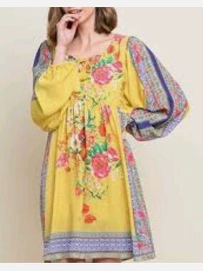 Umgee Yellow Floral Puff Sleeve Kids Dress